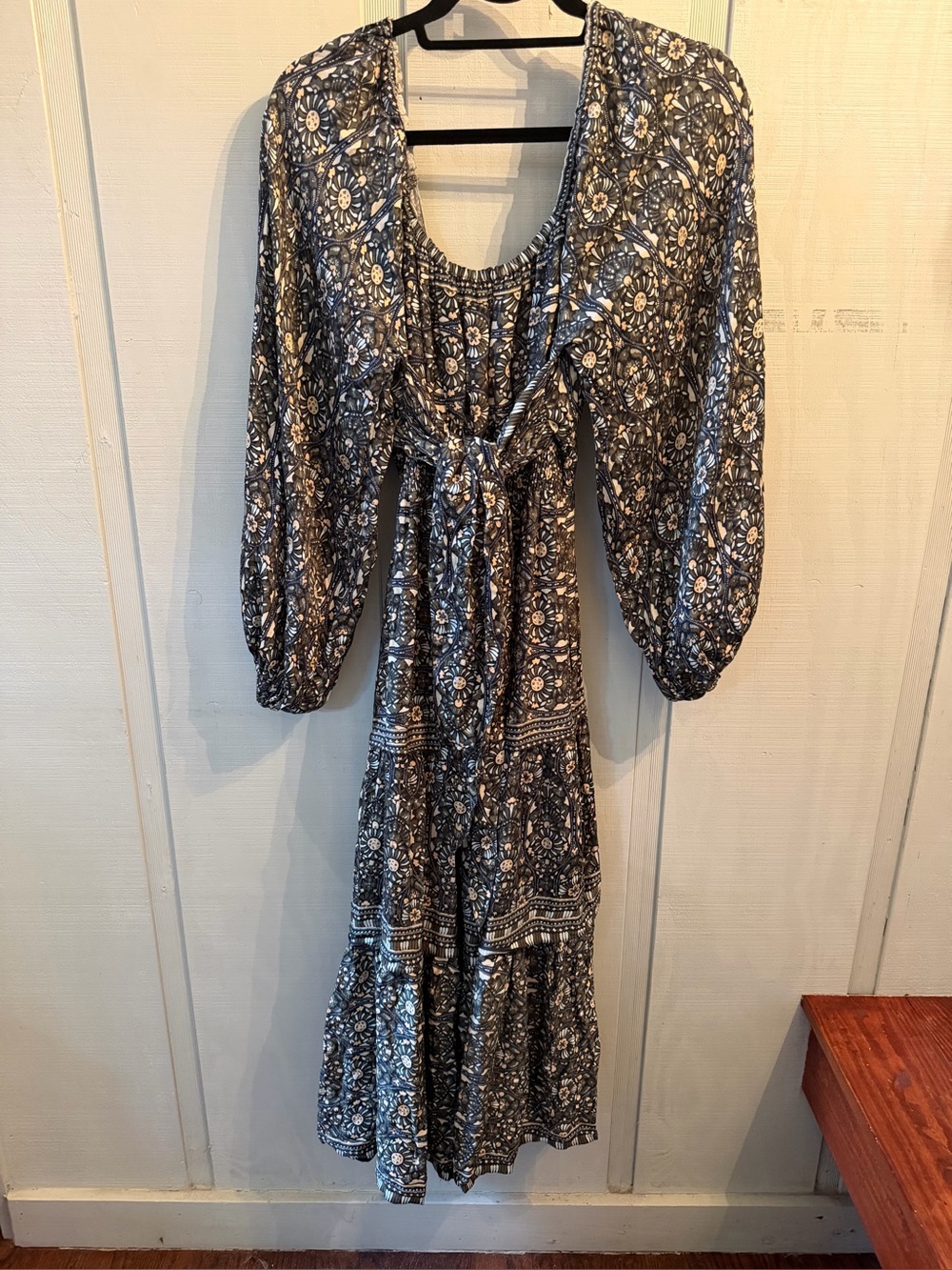 Omika Printed Long Sleeve Maxi Dress with Front Tie - Blue Floral